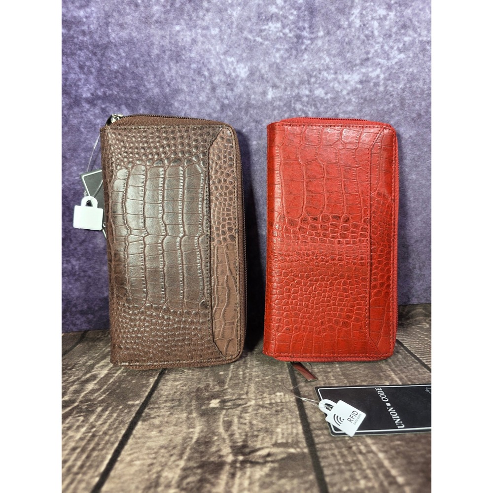 Union Code RFID Genuine Leather Crocodile Embosse Zip Around Wallet Brown or Red